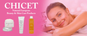 Smiling woman lying down with photos of Chicet skincare products